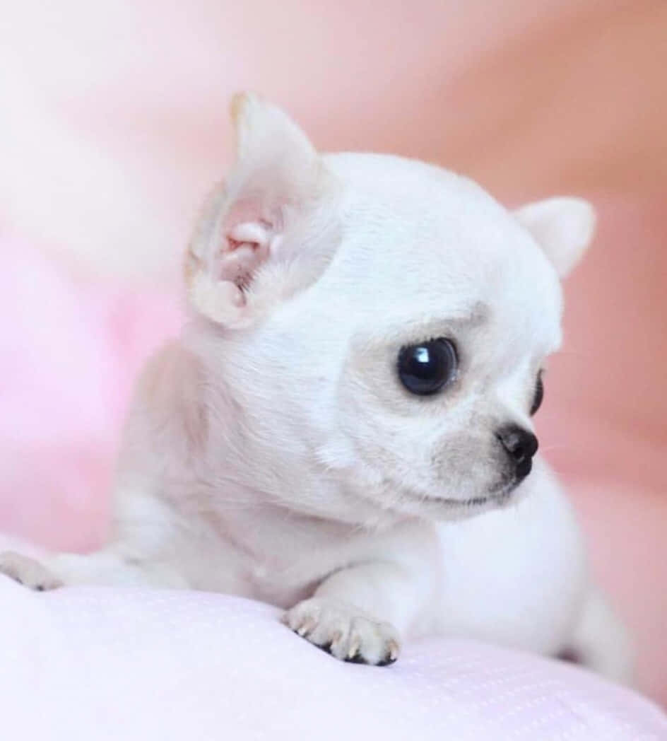 A Small White Chihuahua Puppy Laying On A Pink Bed