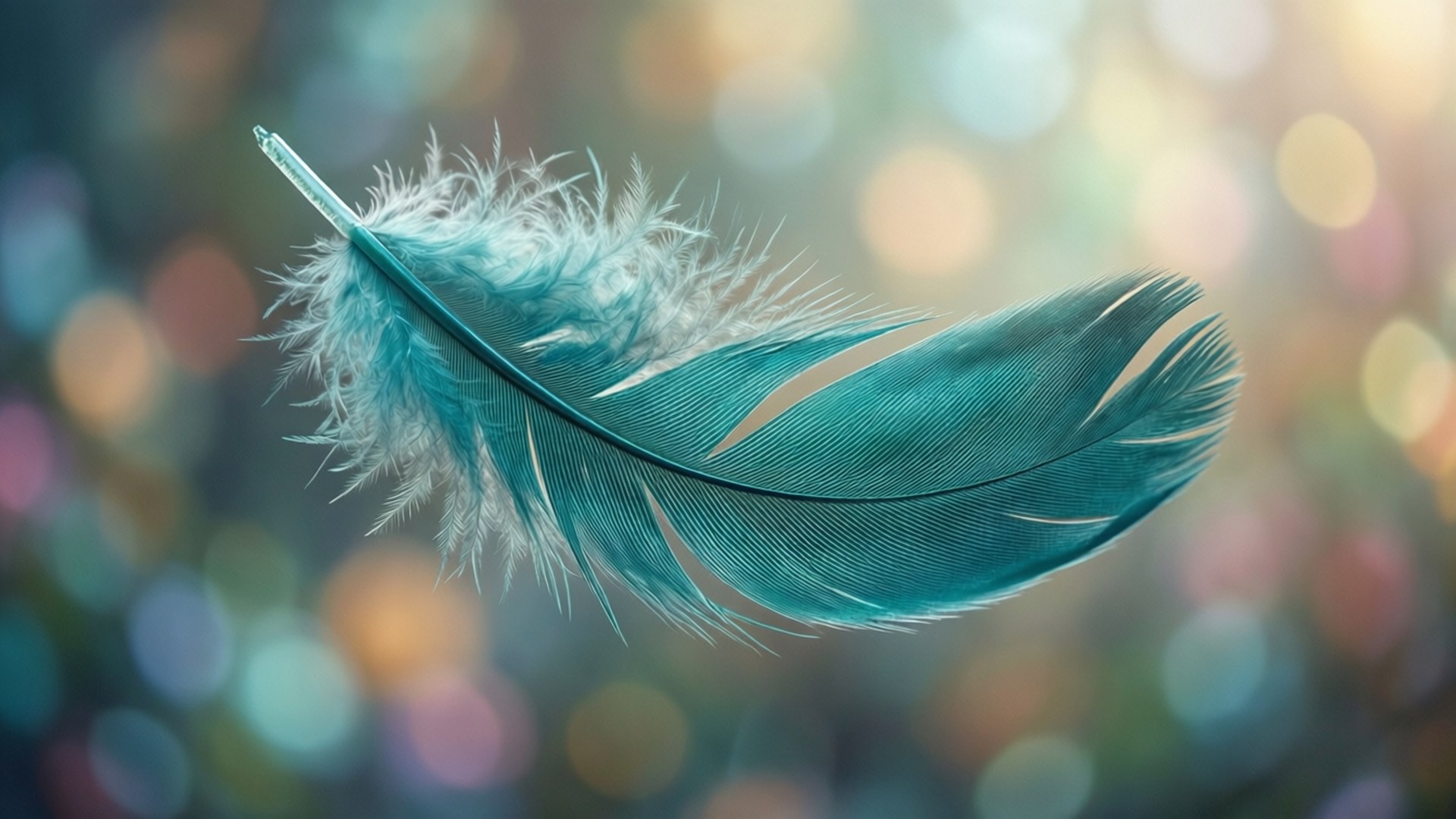 Dreamy teal feather floating with bokeh background.