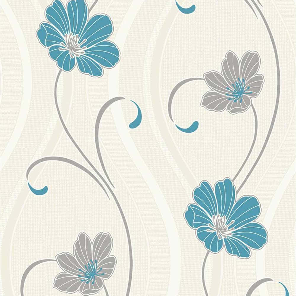 En blå og grå floral tapet med swirls. Wallpaper