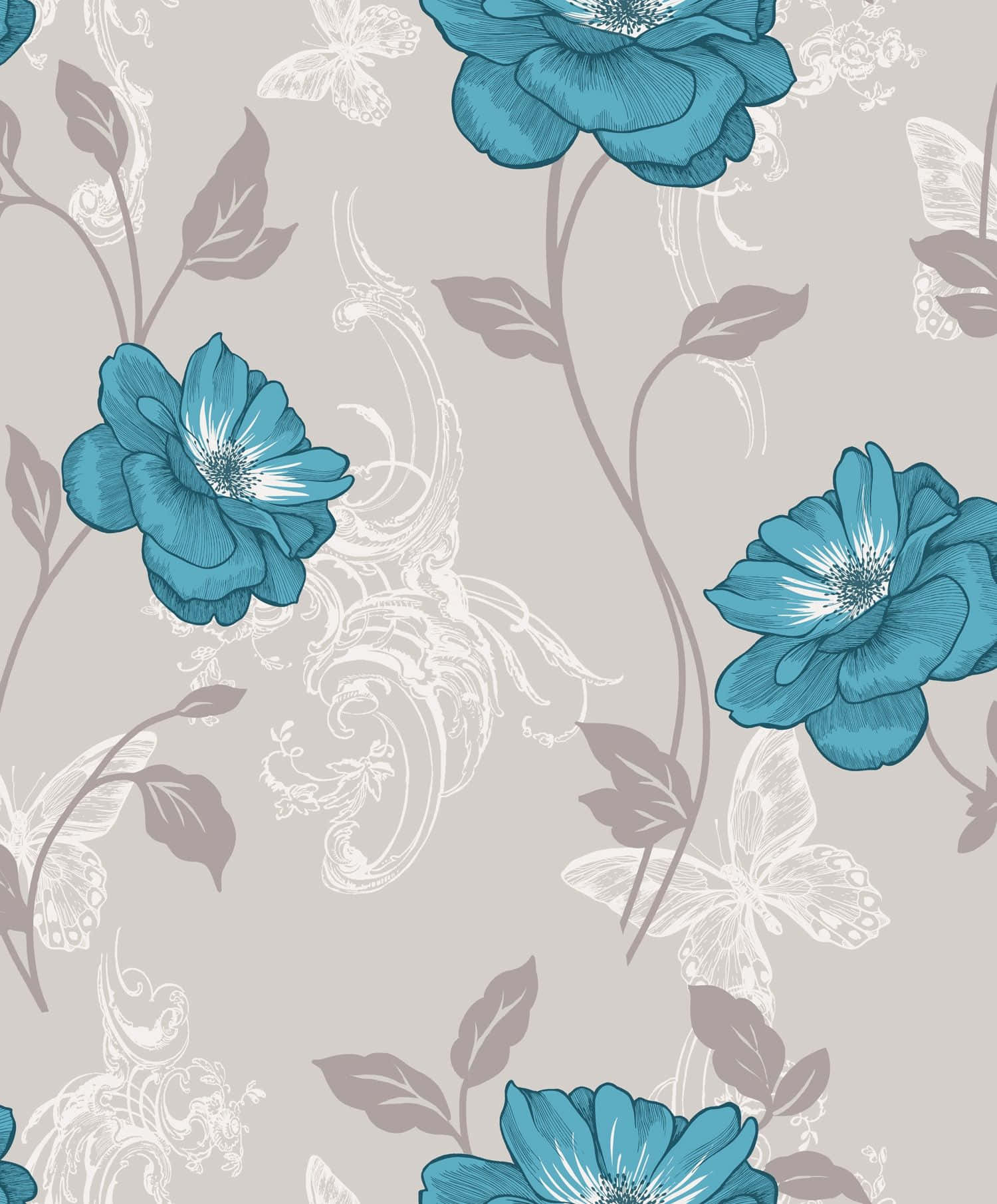 Enblå Blommig Bakgrundsbild Med Fjärilar. Wallpaper