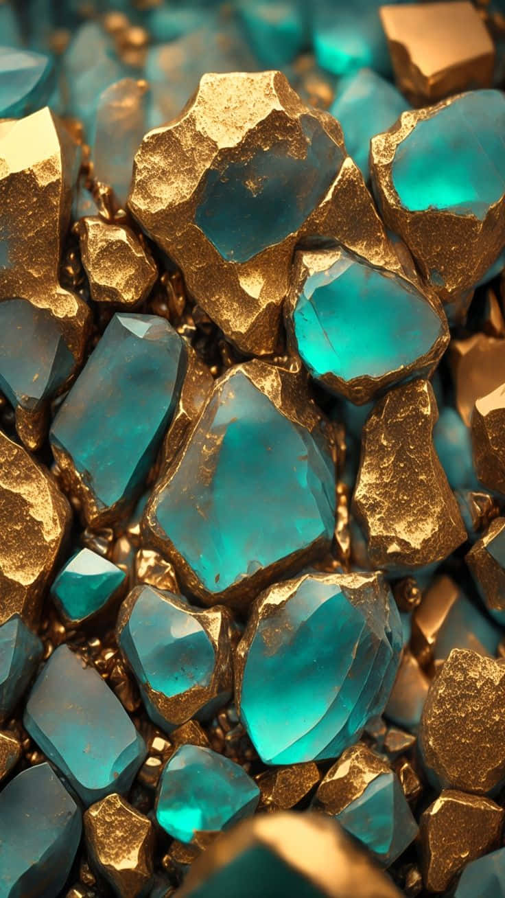 Teal Gemstones Embeddedin Gold Wallpaper