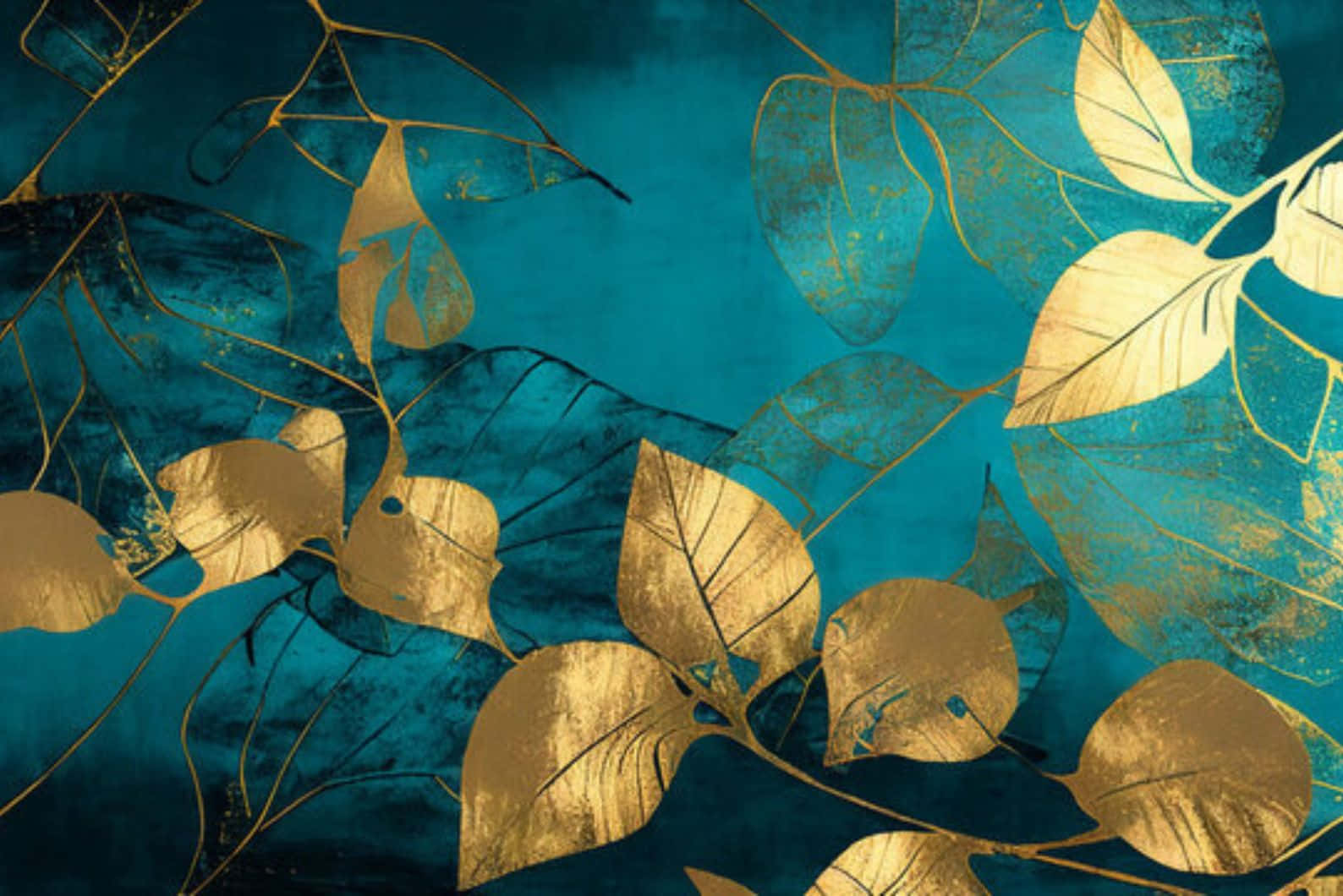 Teal Gold Leaves Artwork Wallpaper