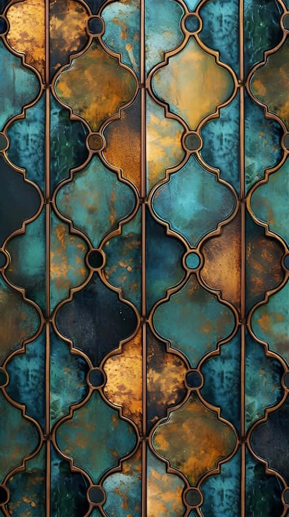 Teal Gold Patterned Wall Panel Wallpaper