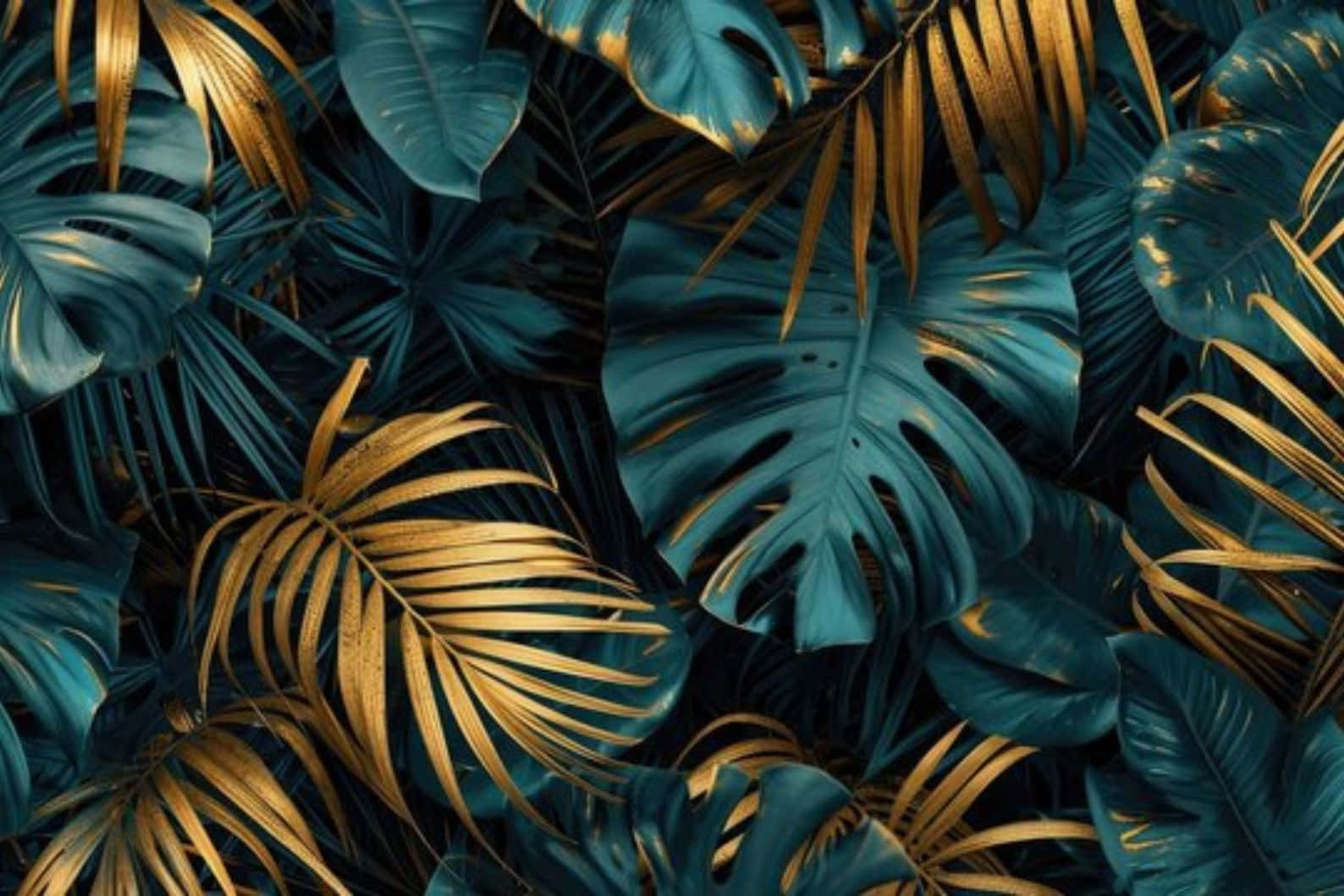Teal Gold Tropical Leaves Pattern Wallpaper