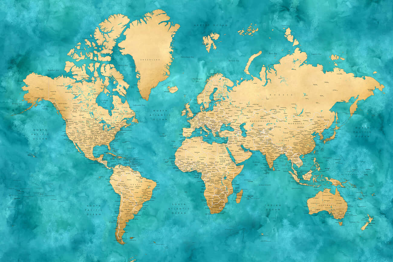 Teal Gold World Map Art Wallpaper