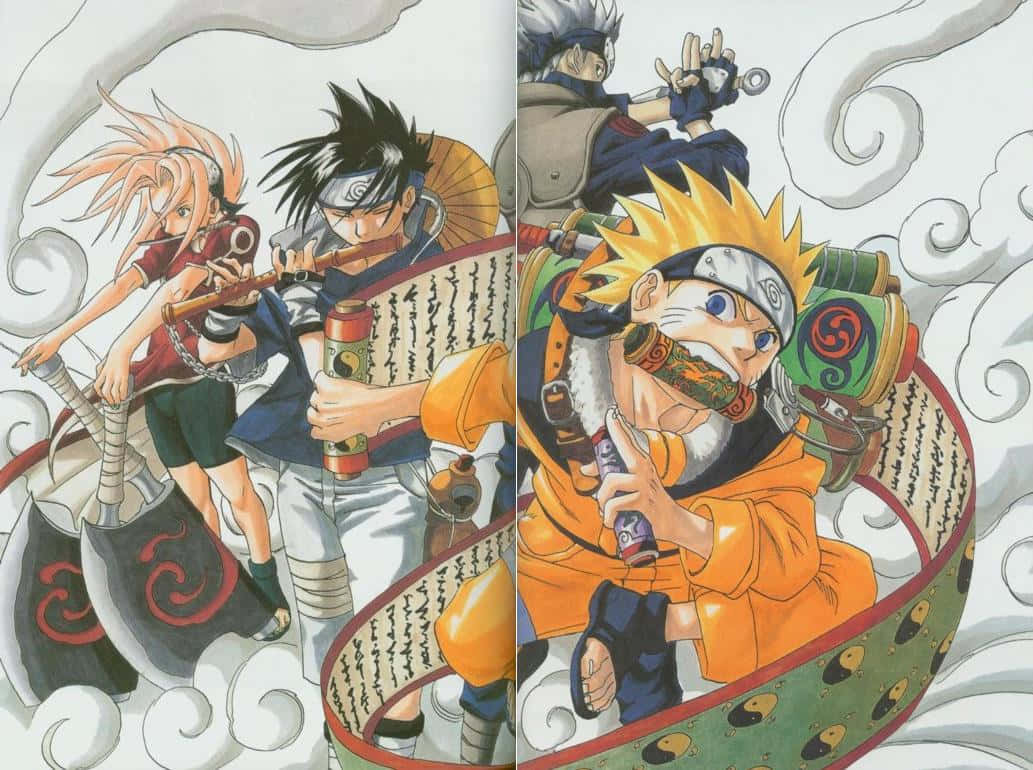 Hold 7 af Naruto Franchise-trioen af Naruto Uzumaki, Sakura Haruno og Sasuke Uchiha, i deres originale ninja dragter. Wallpaper