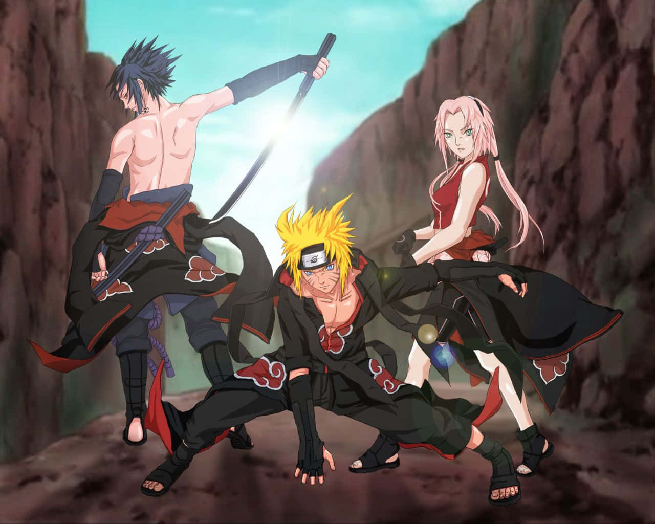 Den ikoniske trio af Team 7: Naruto Uzumaki, Sasuke Uchiha og Sakura Haruno. Wallpaper
