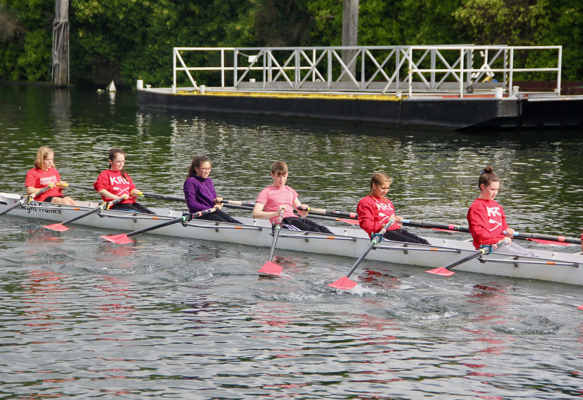 A Rowing Team On A Lake