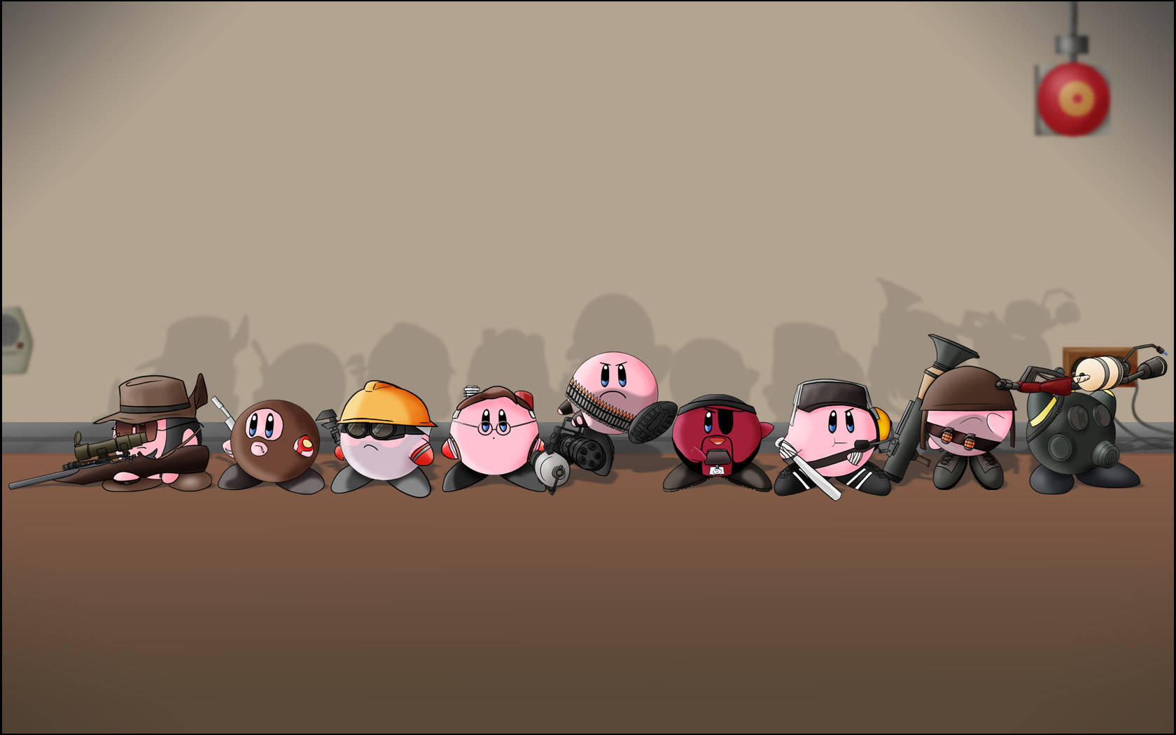Team Fortress 2 Kirby Fanart Tapet: En farverig blanding af Kirby-figurer og motiver inspireret af Team Fortress 2. Wallpaper