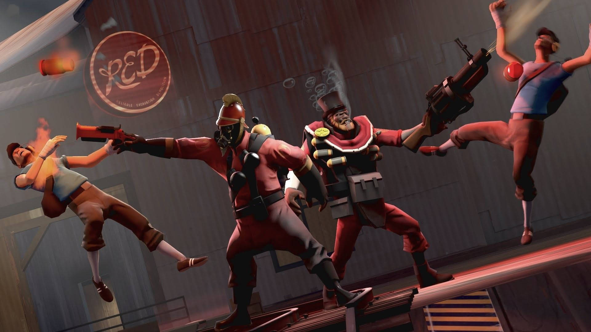 Stunning action shot of Demoman and Pyro from Team Fortress 2 Wallpaper