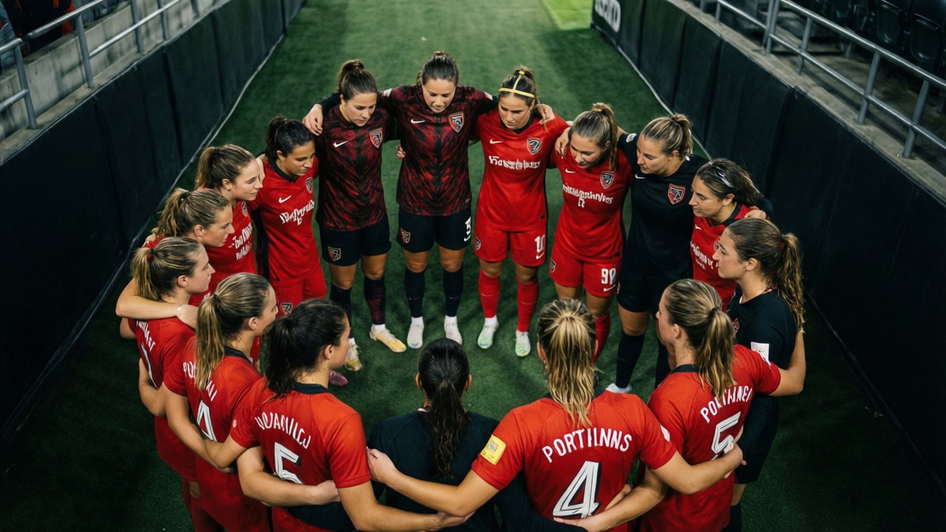 Hög vinkelbild av Thorns-spelare som samlas inför en match, laganda.