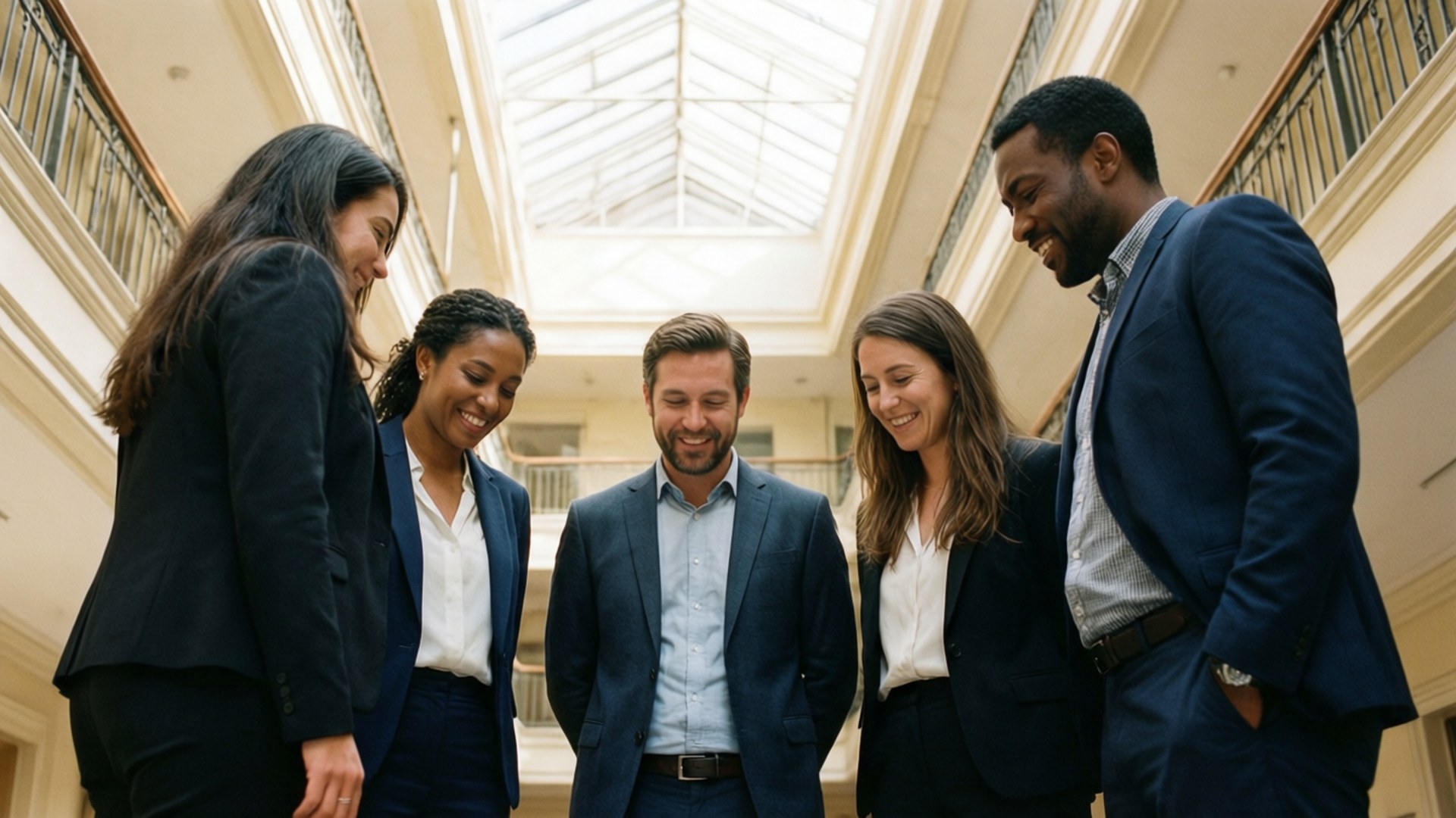 Five professionals in business casual standing in a huddle in a bright atrium with high ceilings.