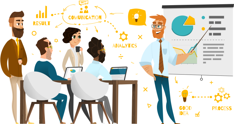 Team meeting with presenter showing chart and floating business icons