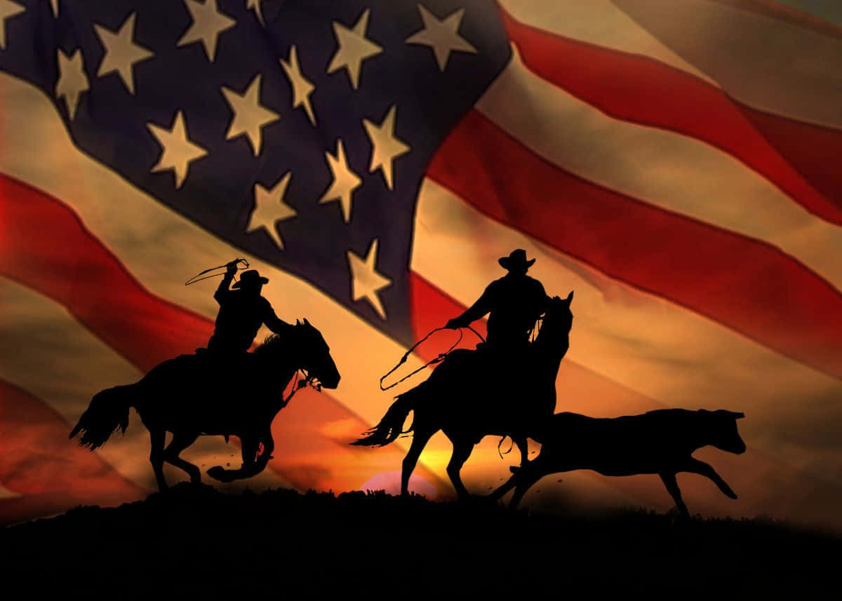 Cowboyse Mucche Sulla Bandiera Americana Sfondo