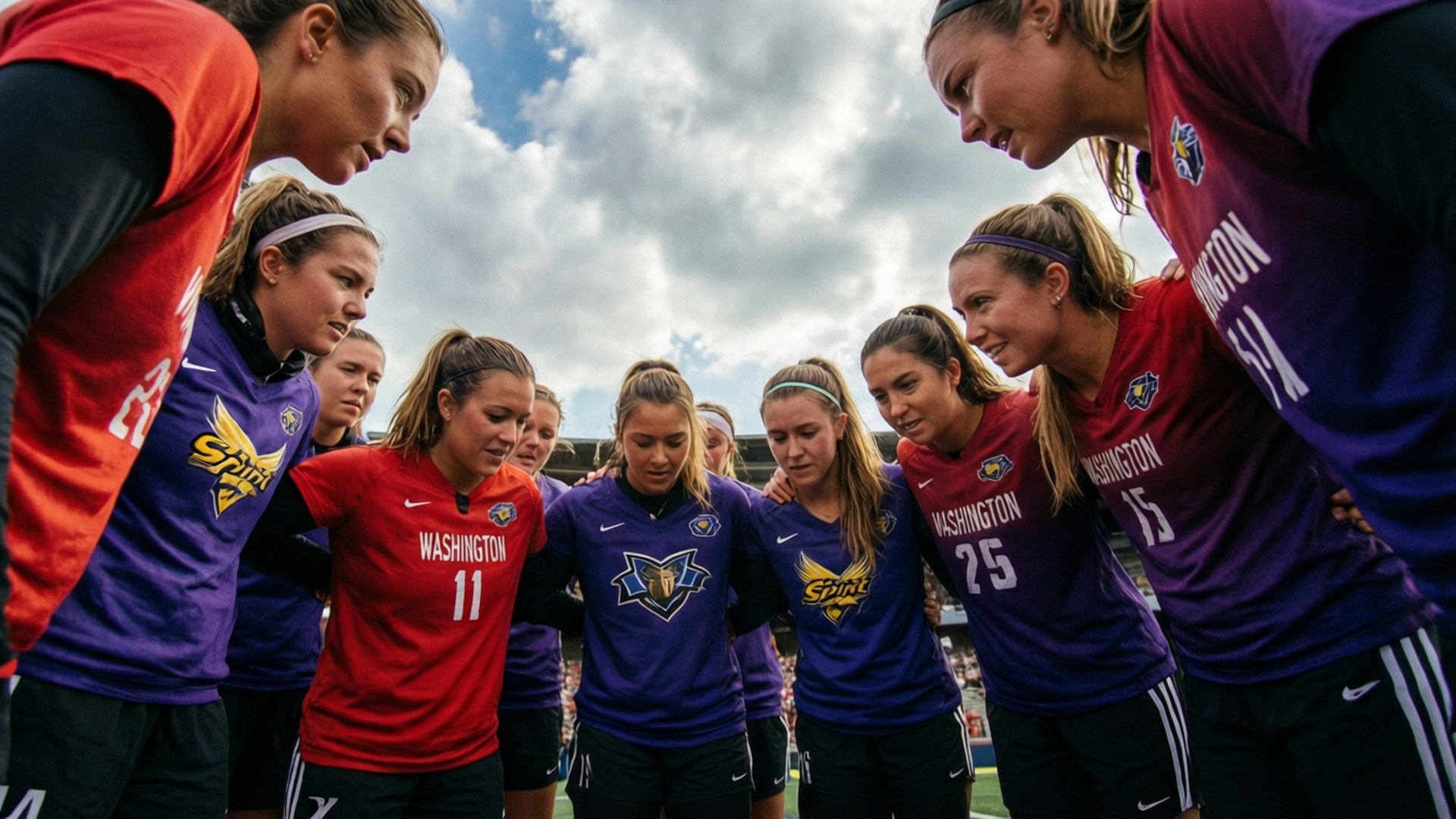 Female soccer team huddling on grass field under cloudy sky. wallpaper
