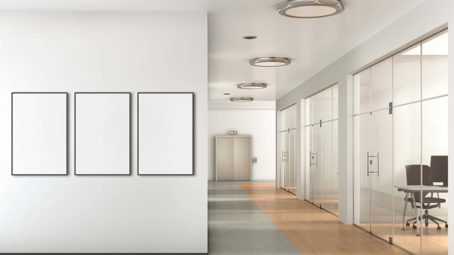 An Empty Hallway With Two Large White Frames