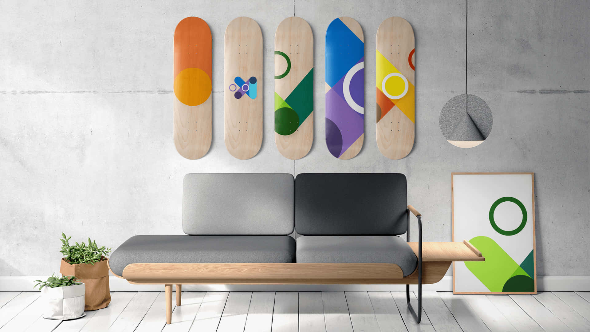 A Couch And A Wall With Skateboards