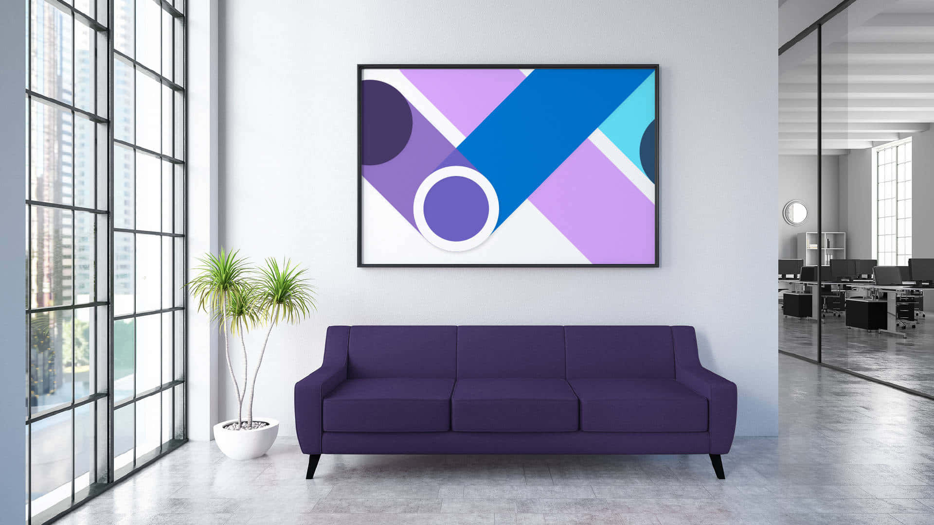 A Purple Couch In An Office With A Large Painting