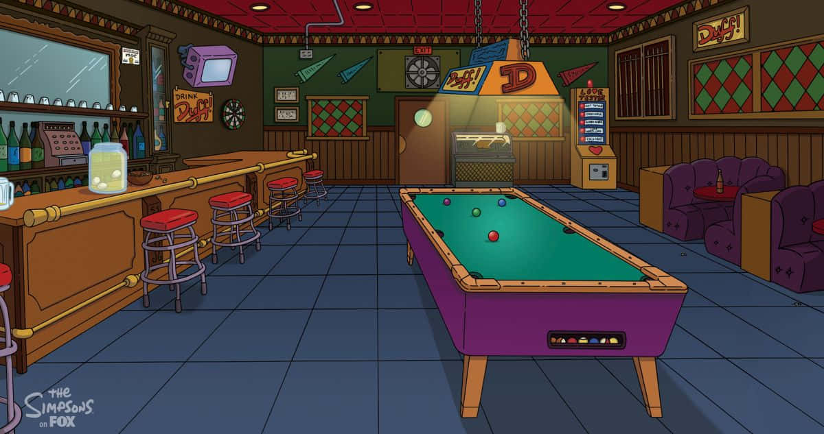A Cartoon Bar With A Pool Table And Bar Stools