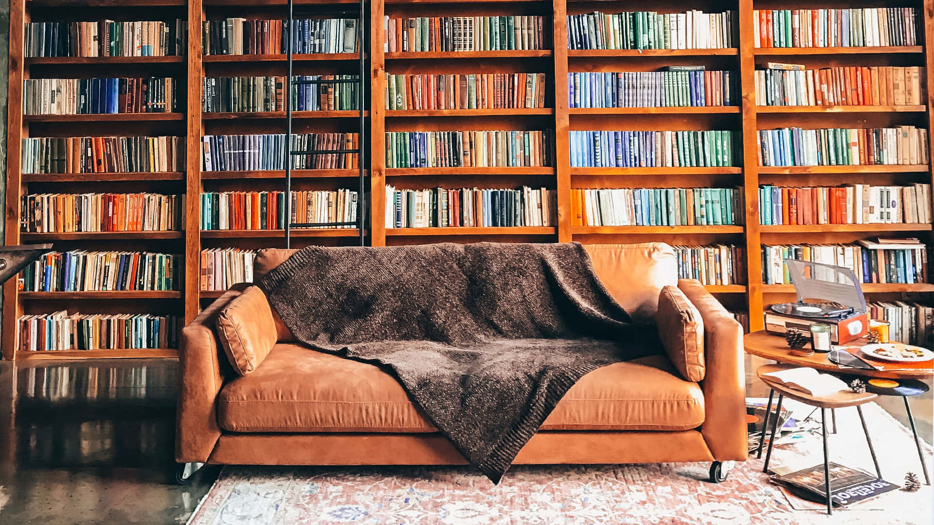 A Brown Couch In Front Of A Book Shelf