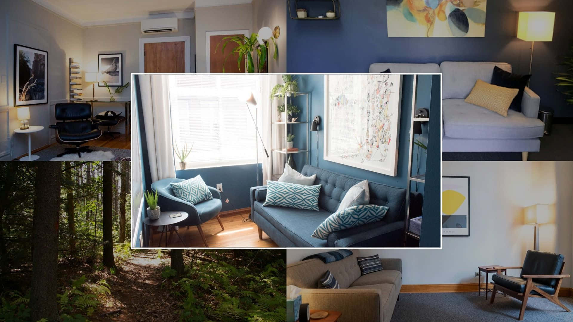 A Collage Of Photos Of A Living Room With Blue Walls