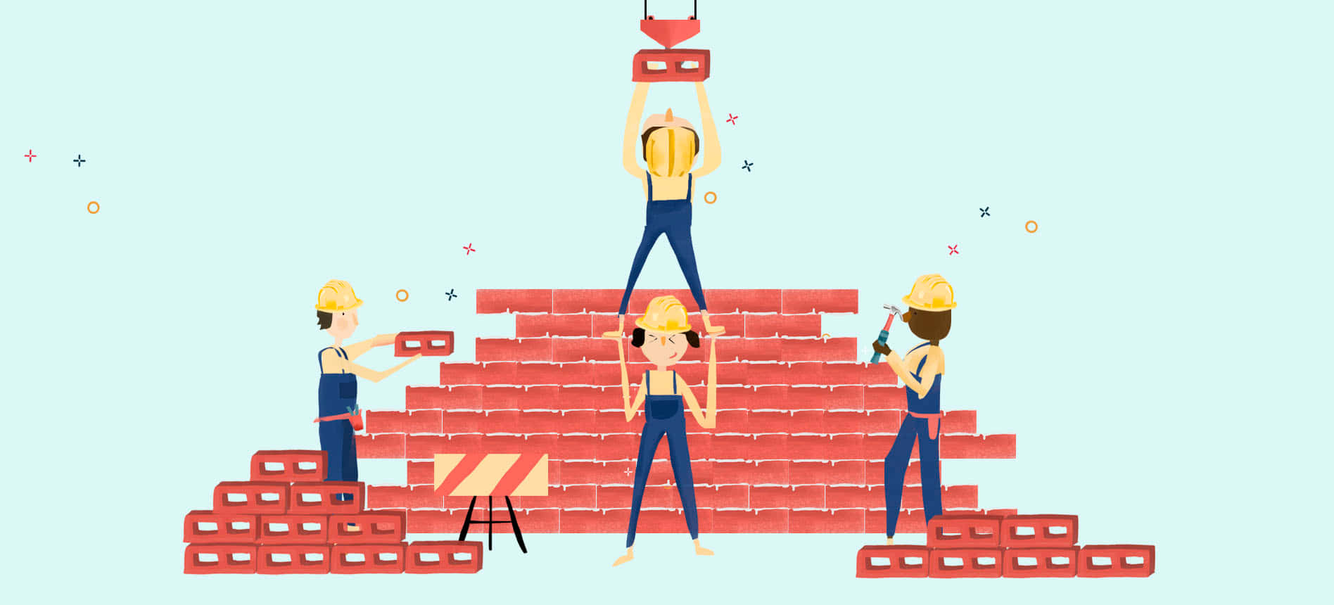 Construction Workers Building A Brick Tower Wallpaper