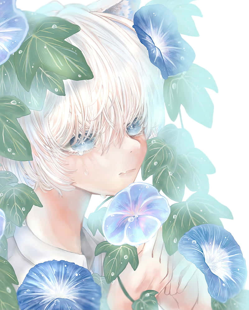 Tearful_ Anime_ Character_ Amidst_ Flowers.jpg Wallpaper