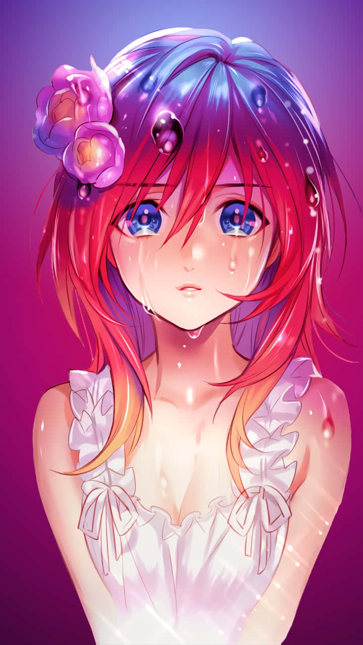 Tearful Rainbow Haired Anime Girl Wallpaper