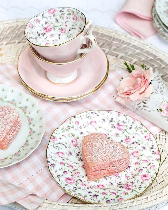 A Pink Tea Set With A Heart Shaped Plate
