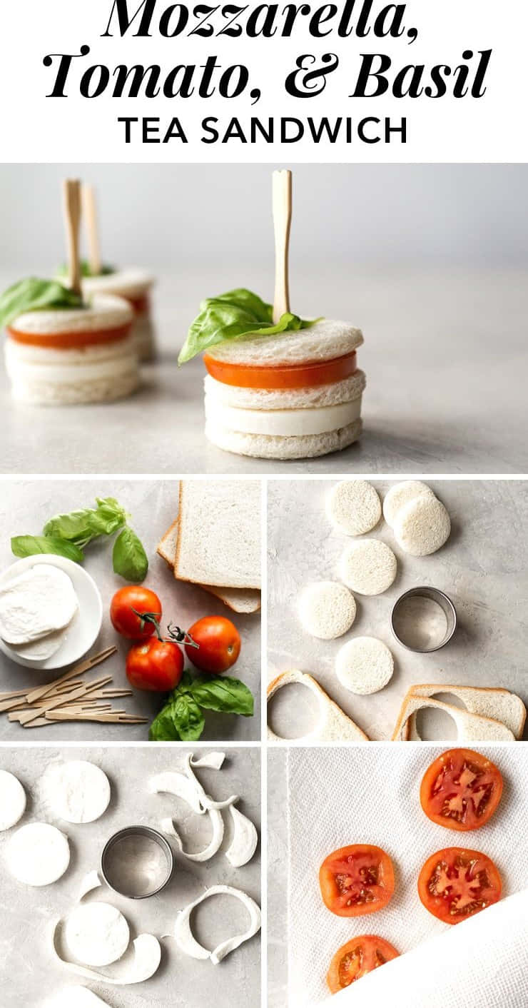 Enkollage Av Bilder På Smörgåsar Med Tomater Och Basilika