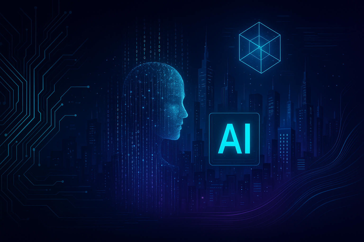 Technology PNG — A glowing blue digital human head emerges from circuitry against a futuristic city skyline with an AI logo.
