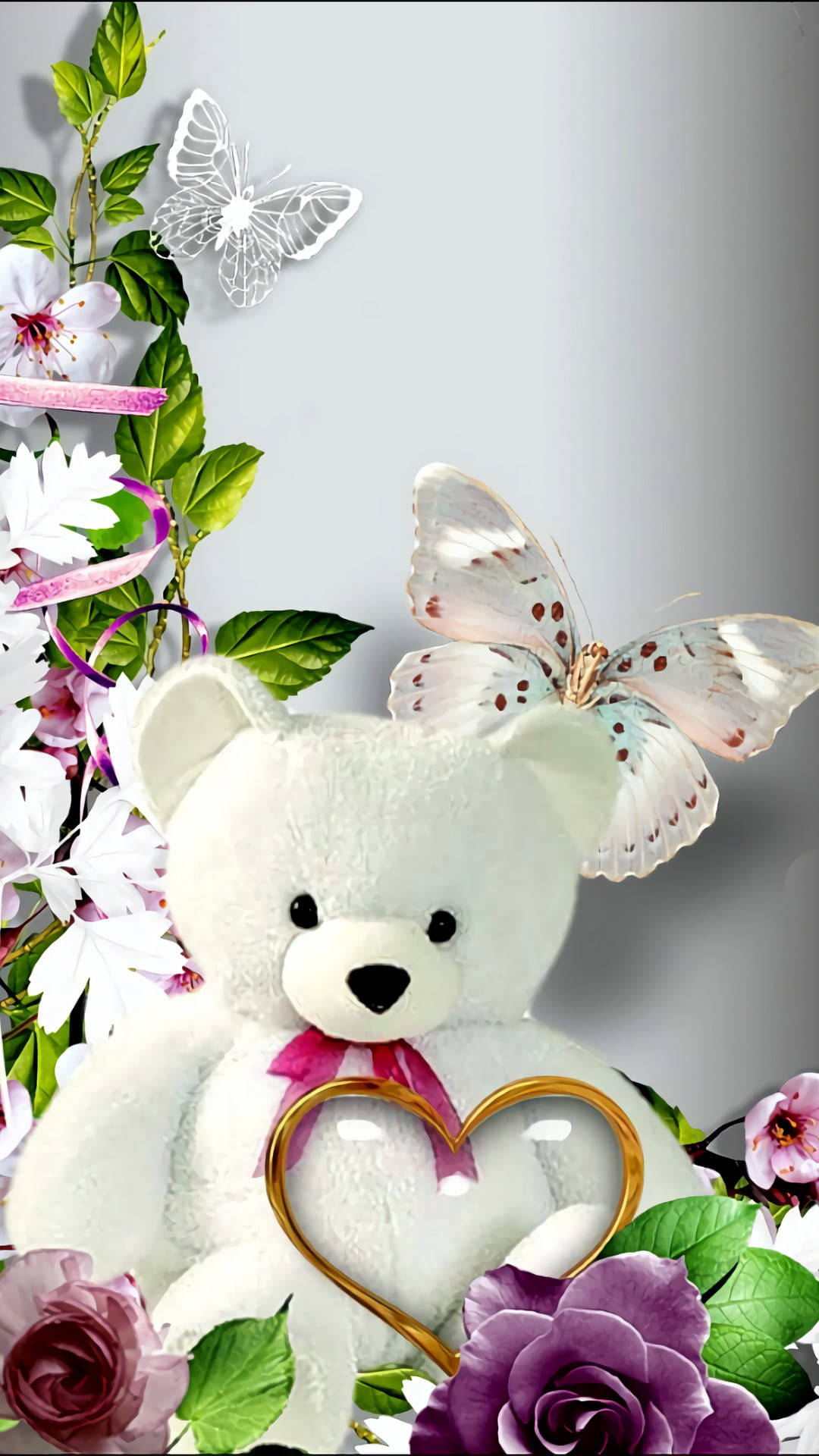 Teddybärund Schmetterlingsblumen-mobiltelefon Wallpaper