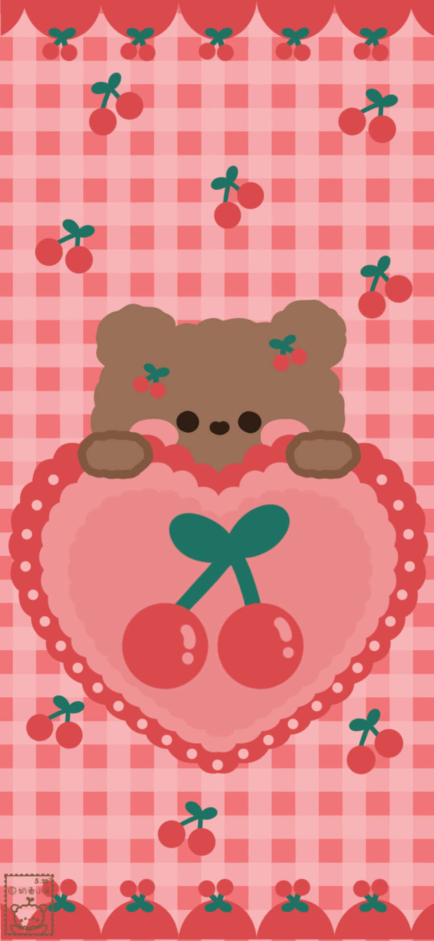 Teddy Bear Heart With Cute Cherry Design Wallpaper