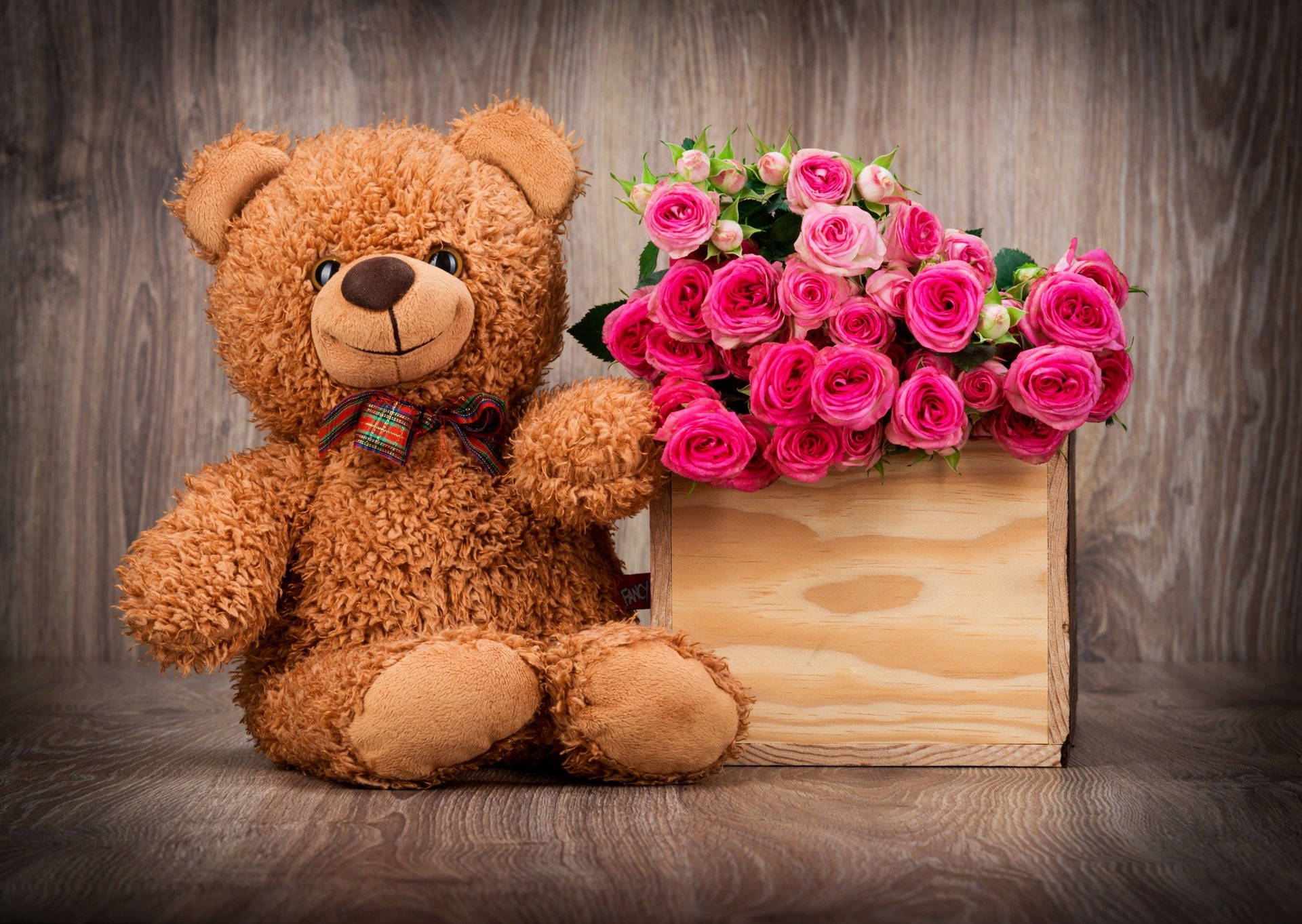 Teddy Bear Med Pink Blomster Forår Skrivebordsbaggrund Wallpaper