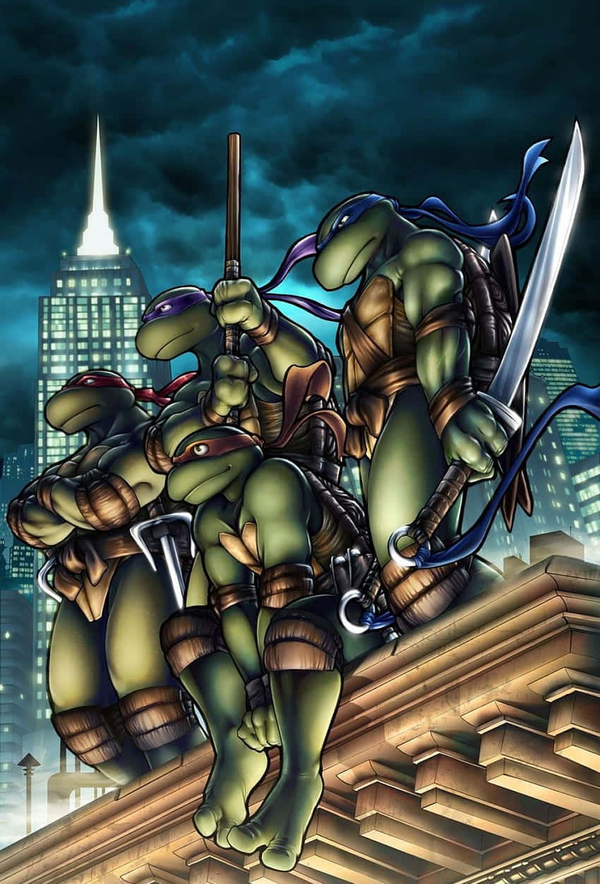 Teenage Mutant Ninja Turtles Comic Book With Skyscrapers Wallpaper