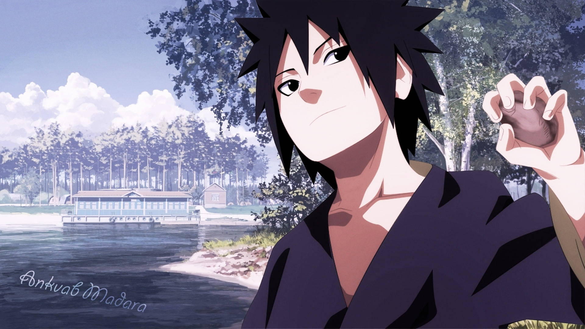 Teenage Madara Uchiha smiler blidt på dette smukke anime tapet. Wallpaper