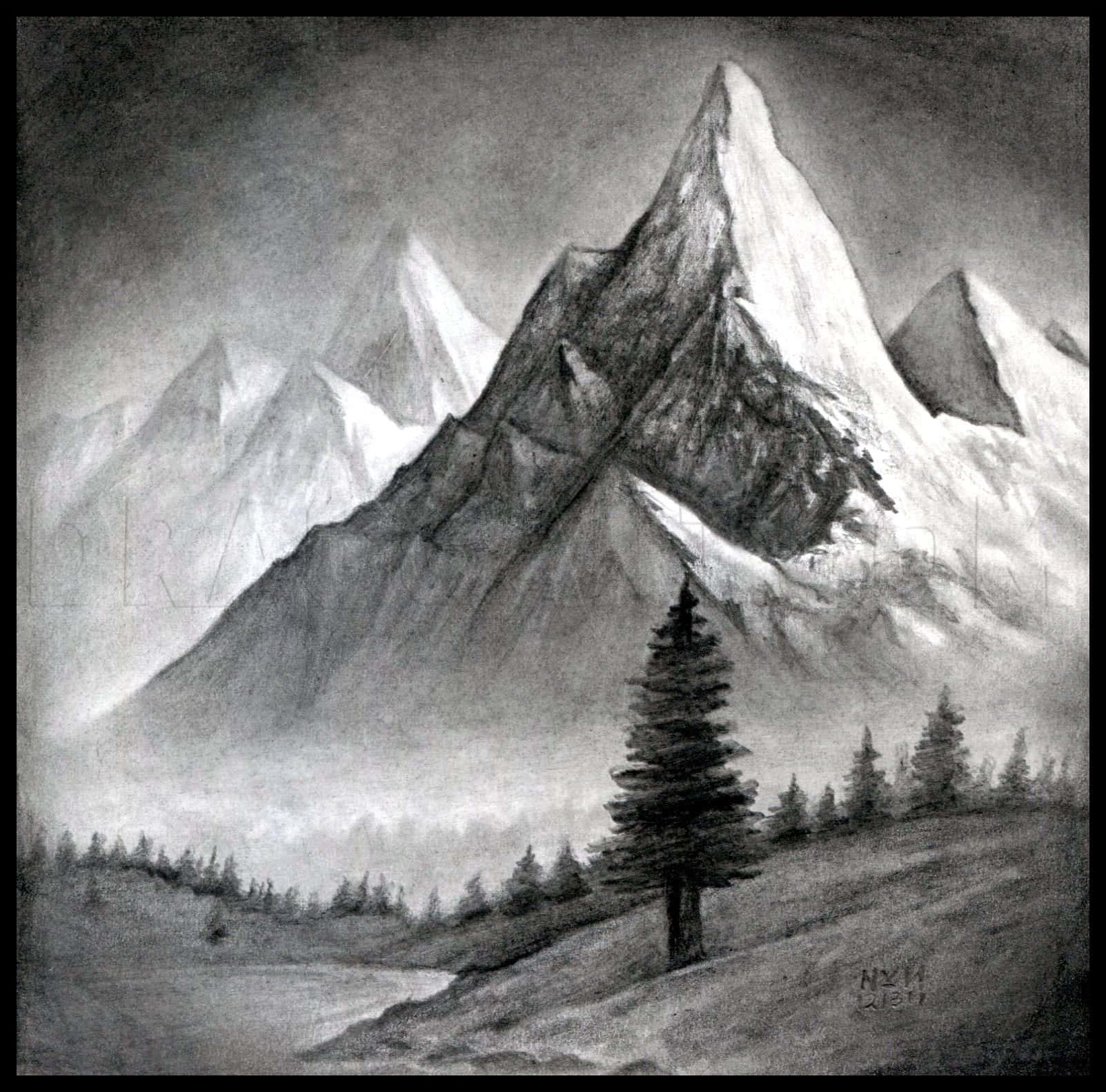 Tegne billeder af en vandfald der falder ned ad siden af en bjerg.
