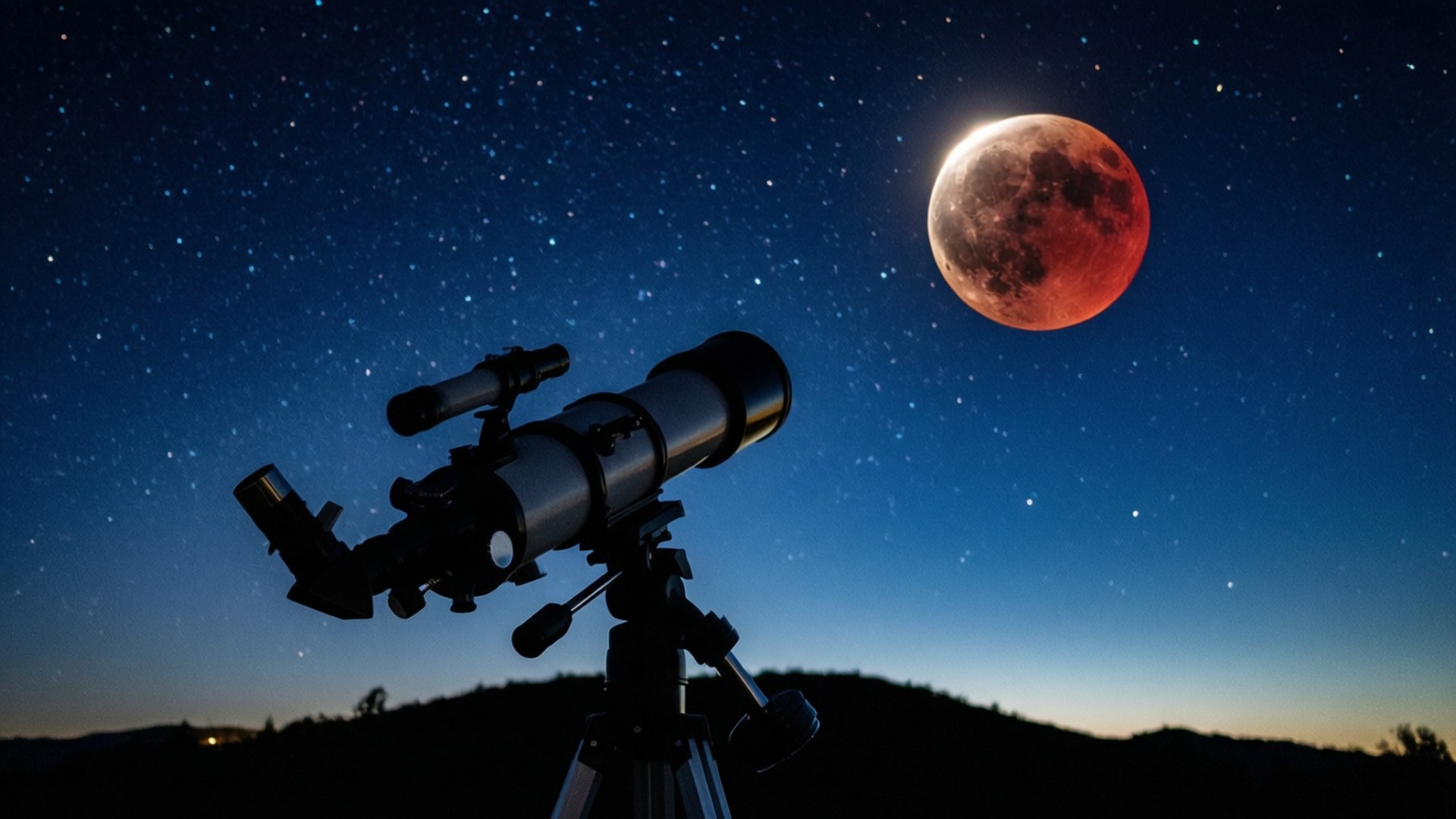 A telescope silhouette pointed at a lunar eclipse under a starry sky.