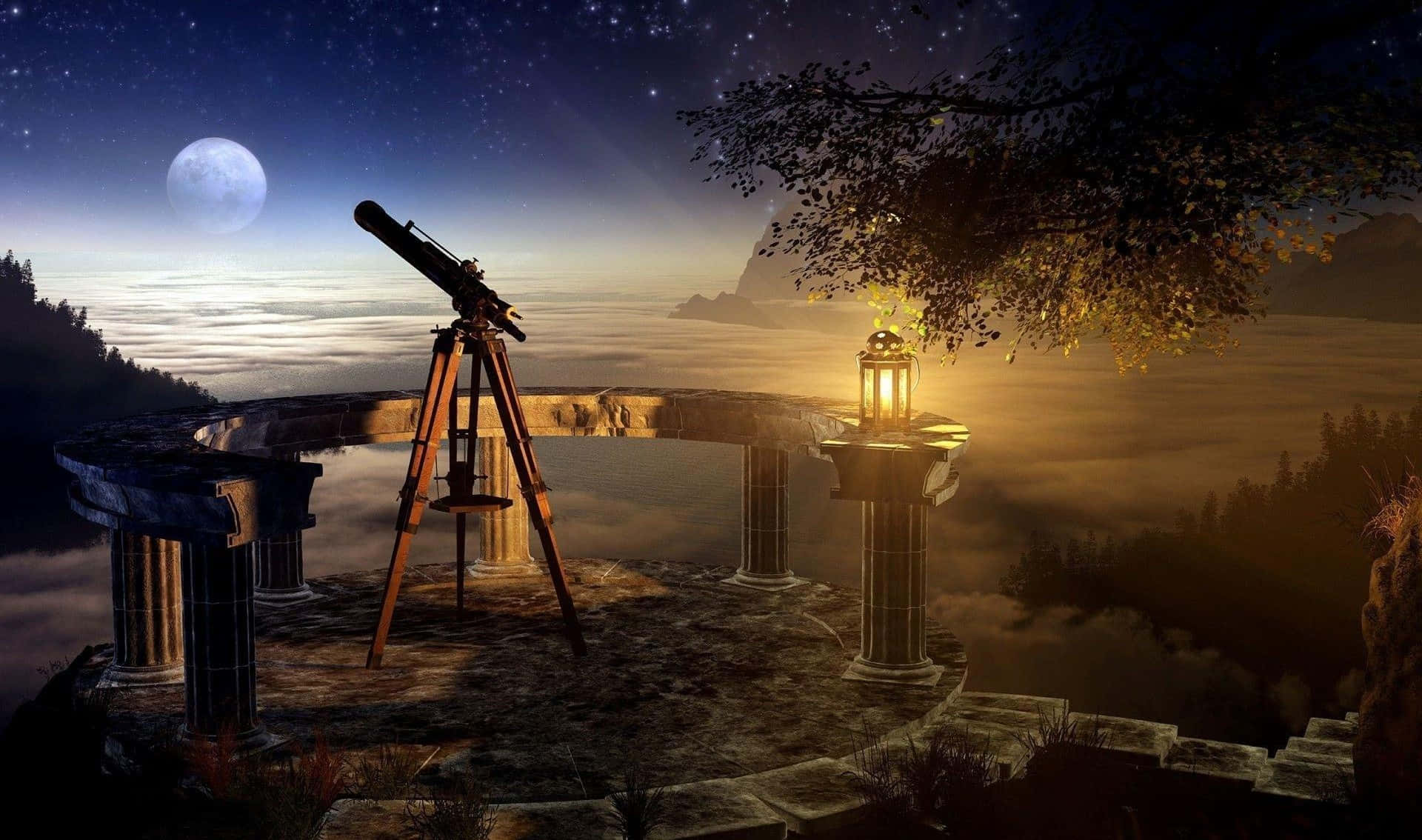 A vintage telescope in front of a starry night sky.