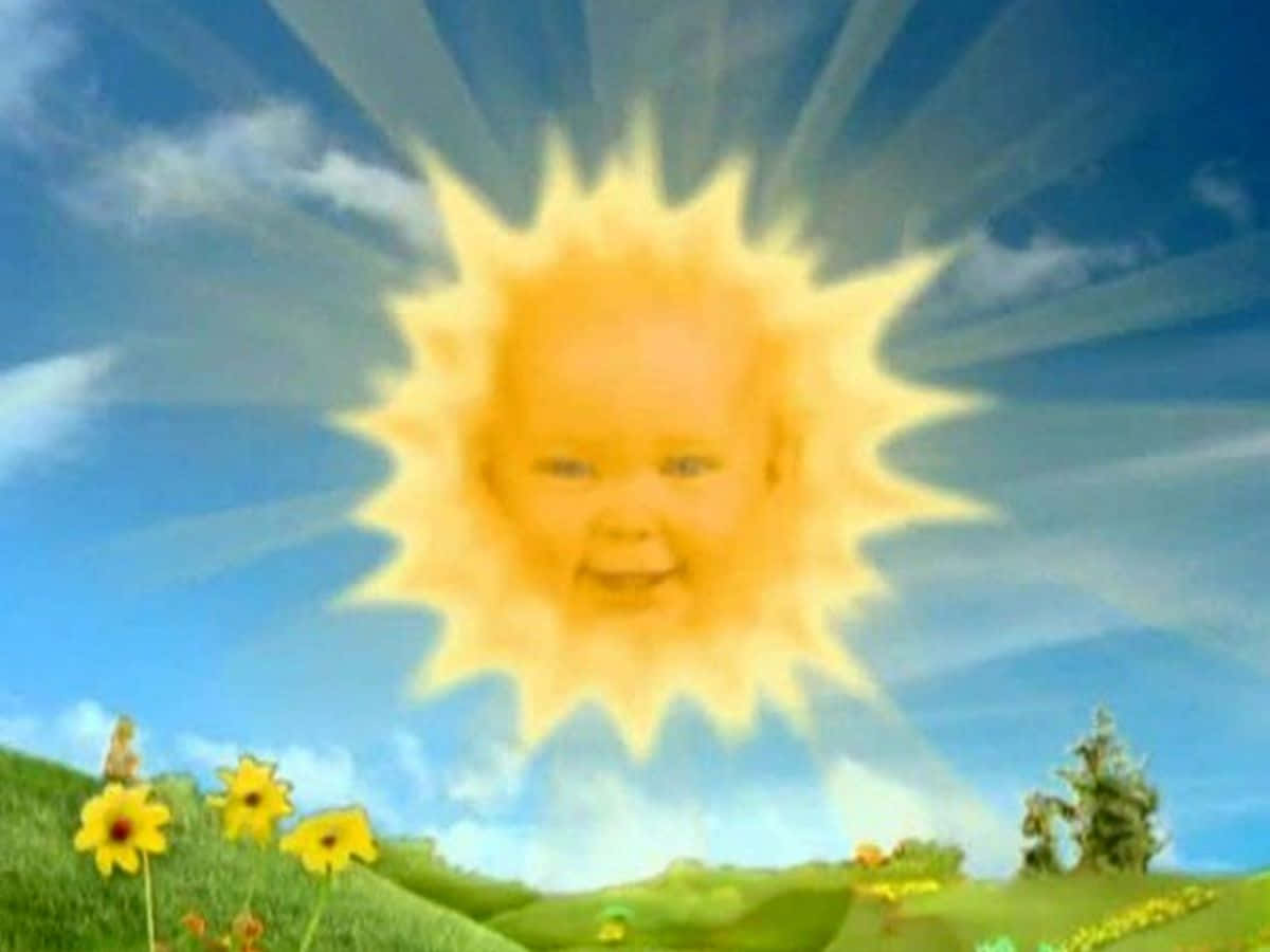 A Baby Is In The Middle Of A Field With A Sun In The Sky