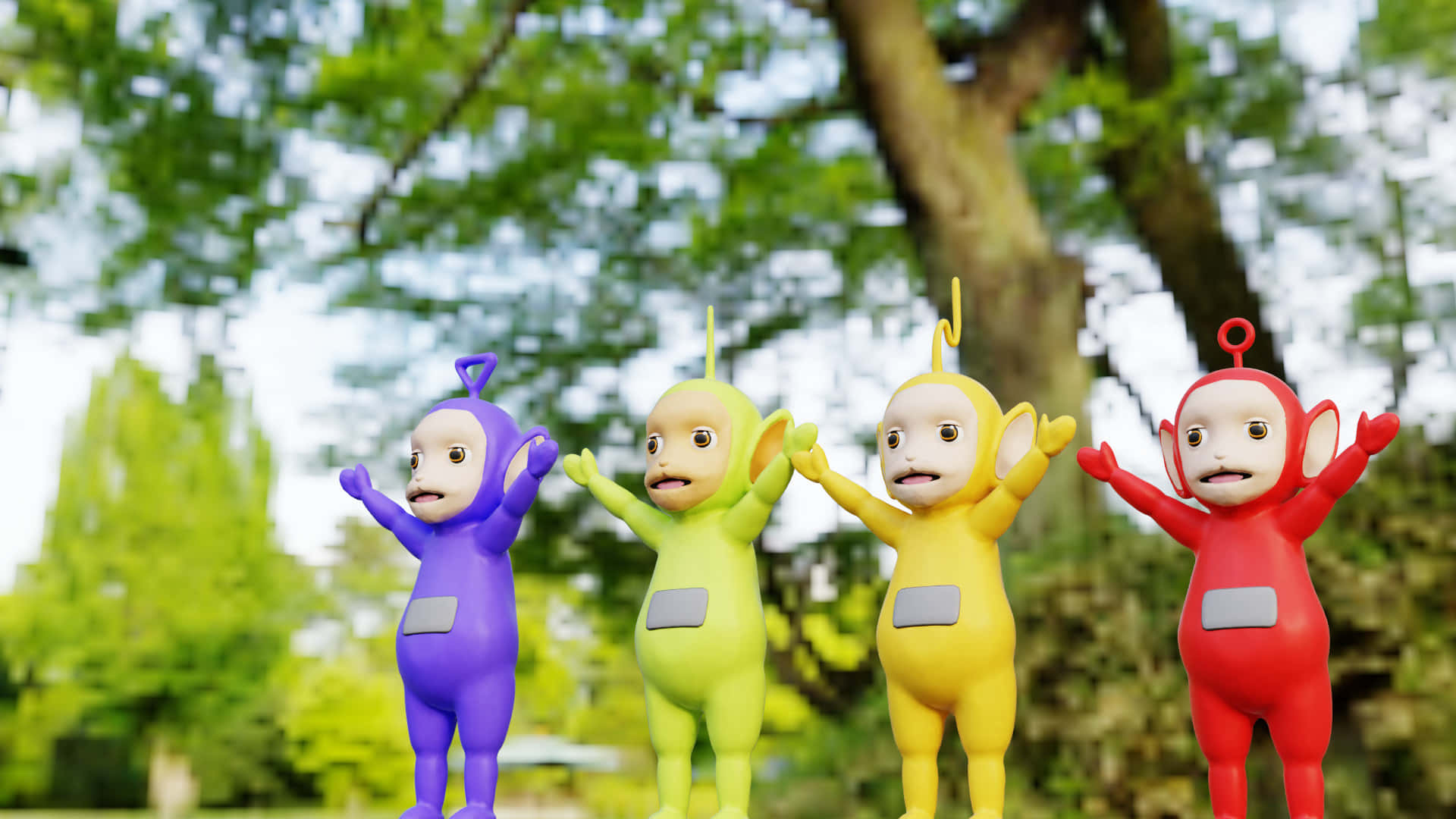 A Group Of Colorful Toys Standing In A Park