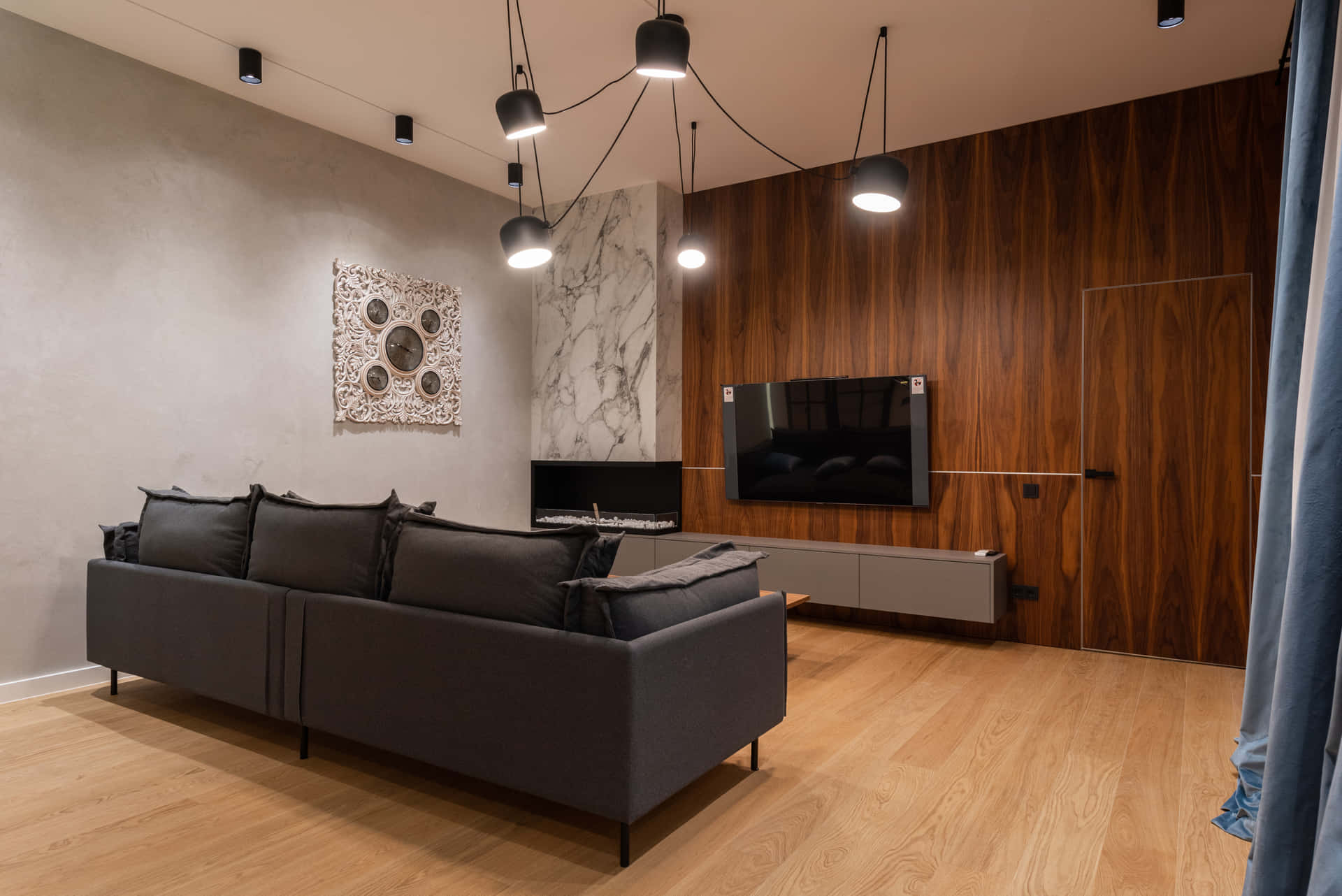 Modern Living Room With Wooden Walls And Wooden Flooring