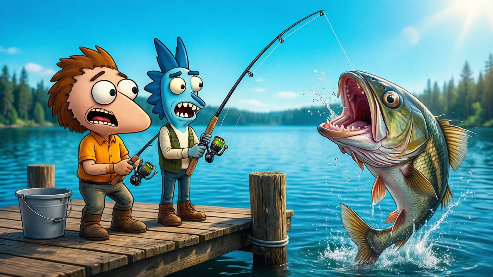 Fishing Buddies Wallpaper — Two cartoon boys on a wooden dock reel in a giant fish leaping from a blue lake under a sunny sky.