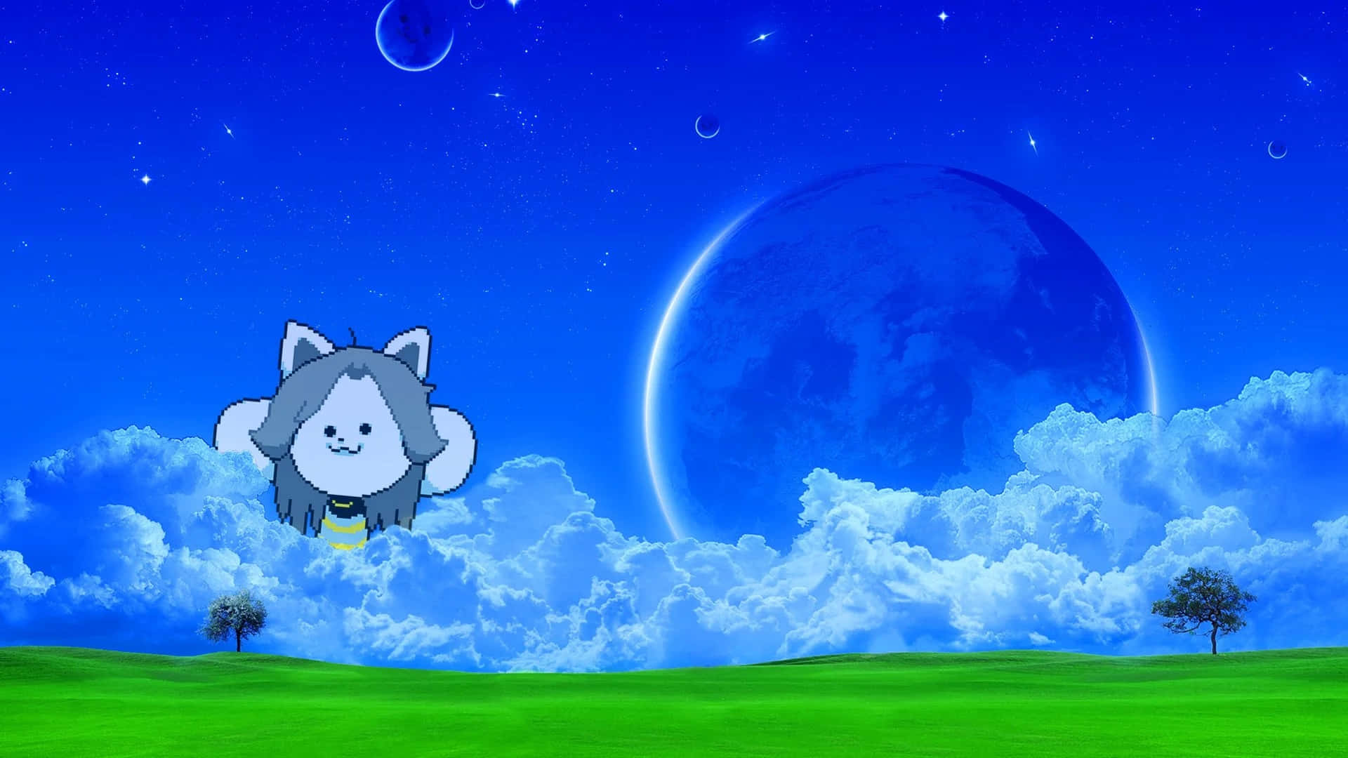 A Cat Flying In The Sky With Clouds And Stars Wallpaper