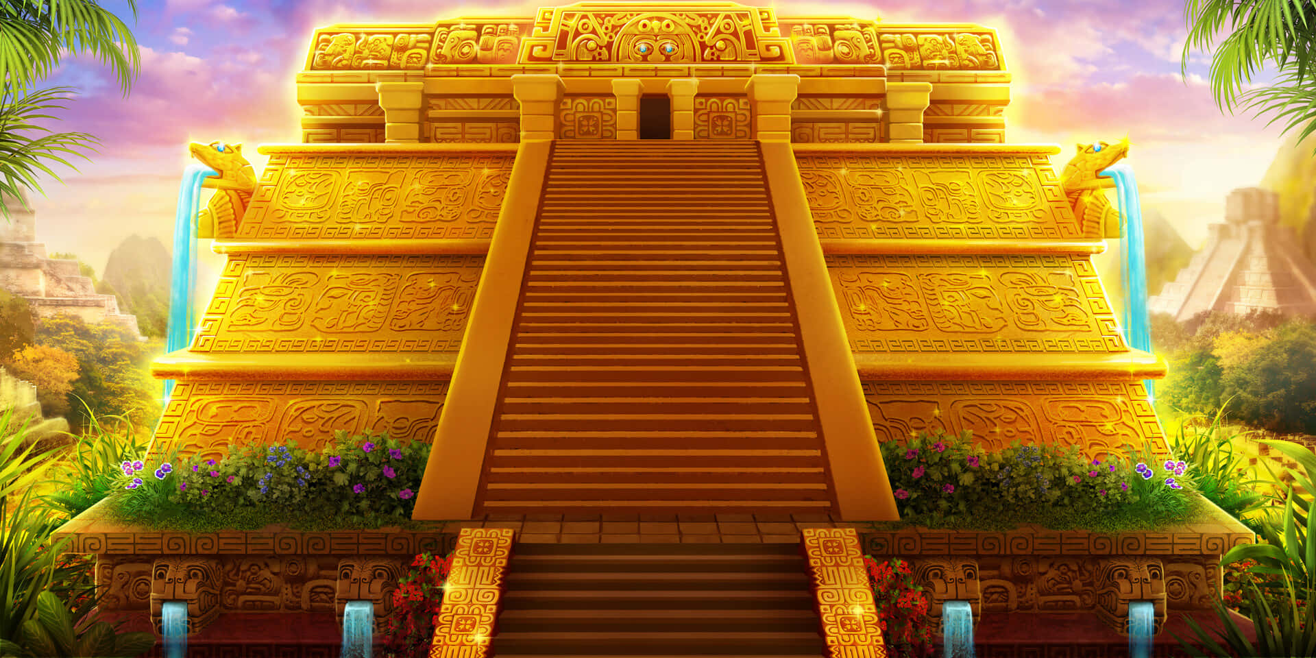 A beautiful sunrise emanating from the steep facade of a magnificent temple.