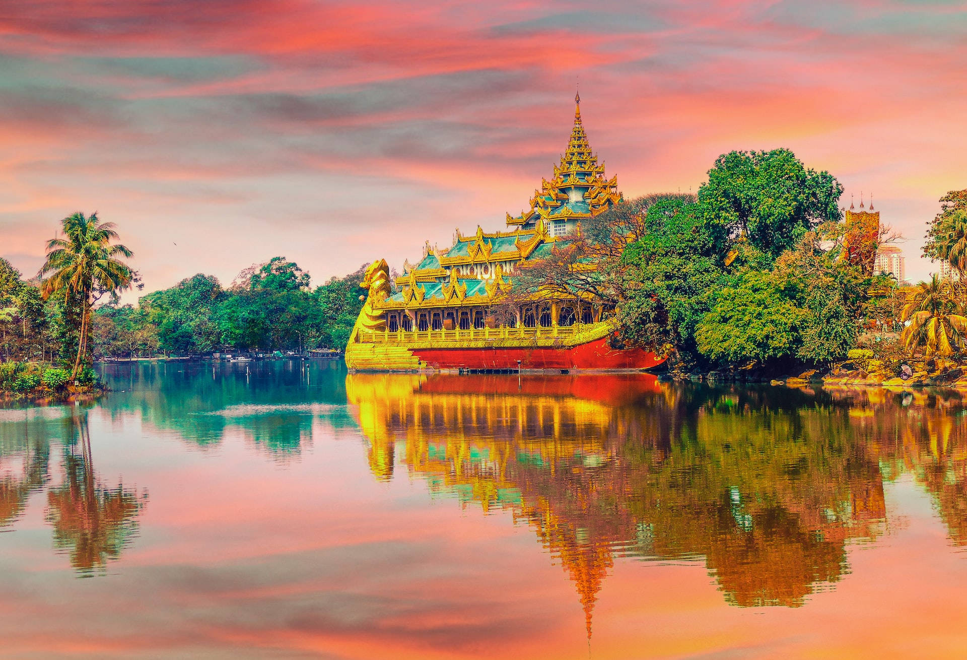 Temple By The Lake Full Screen Desktop Background