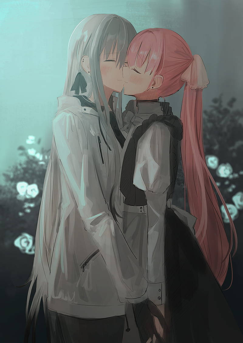"Tender Anime Girls Sharing a Kiss" Wallpaper
