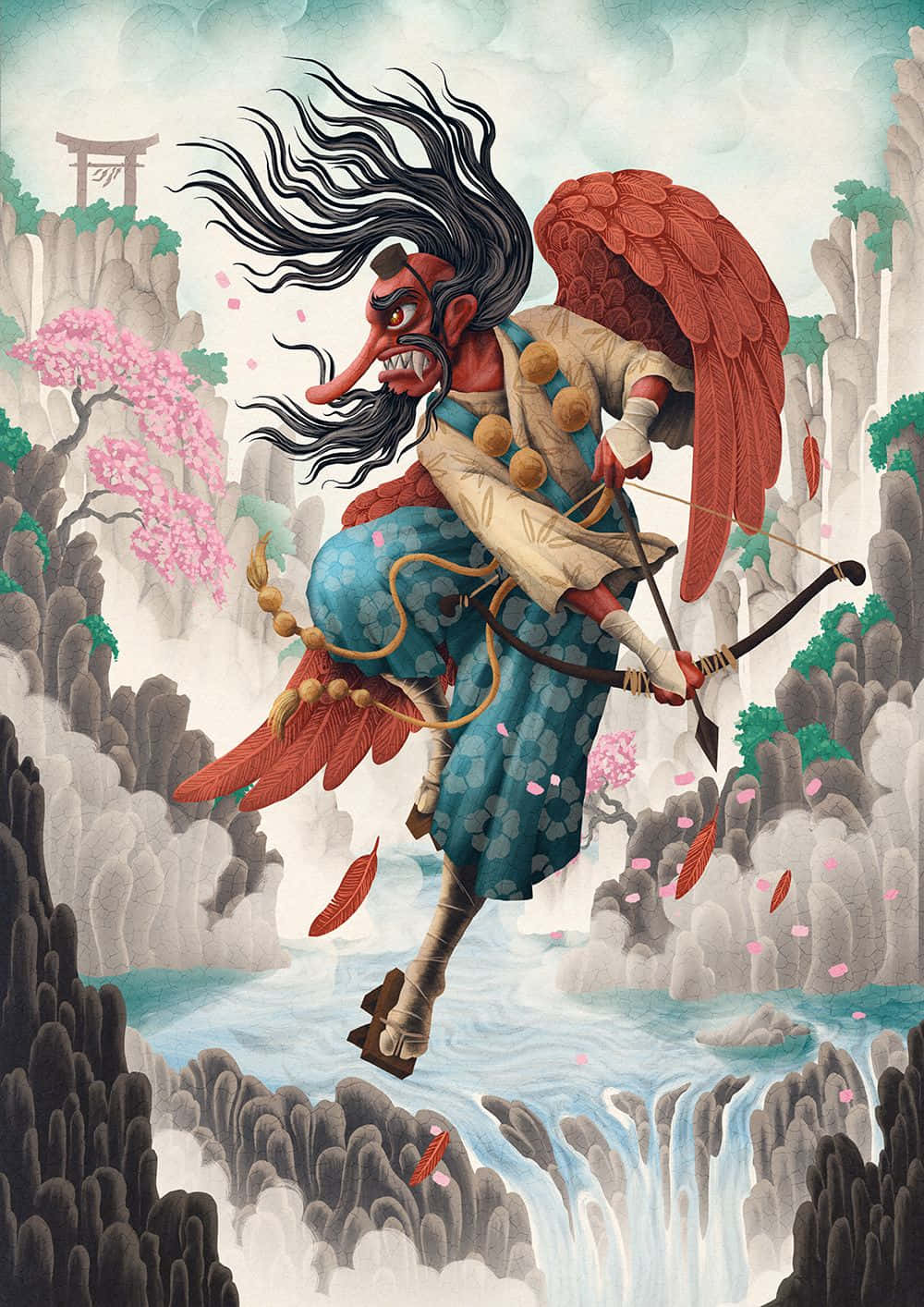 Mysterious Tengu standing in the magical forest Wallpaper