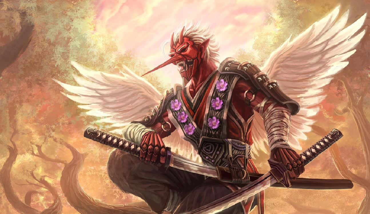 Beautiful illustration of a Tengu masked warrior in a vibrant landscape Wallpaper