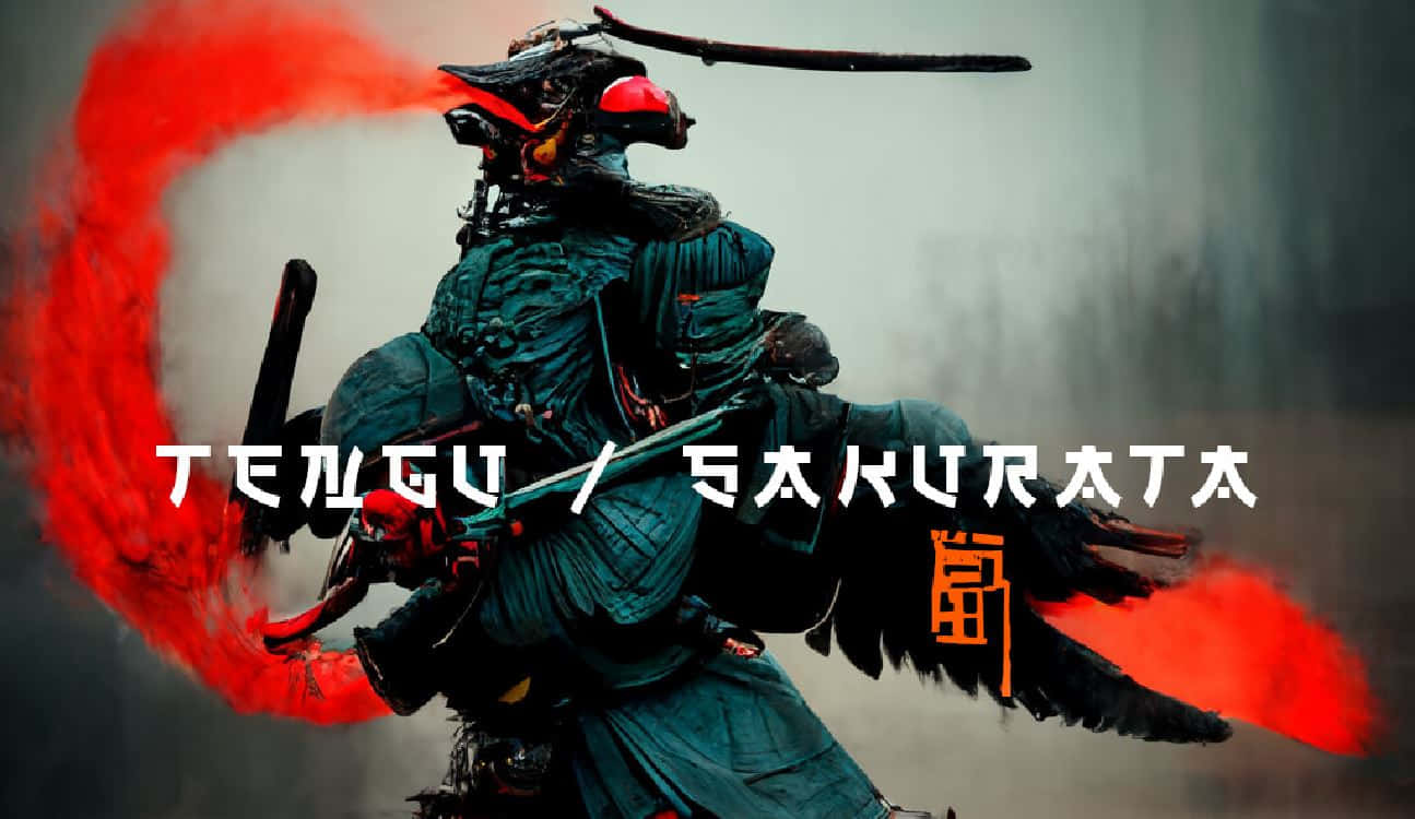 A fierce Tengu with a red mask and traditional Japanese robe standing in a mysterious forest. Wallpaper